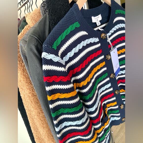 1X 🔖 LA LIGNE x Target Women's Textured Striped Cardigan Sweater Navy Red - Picture 12 of 16